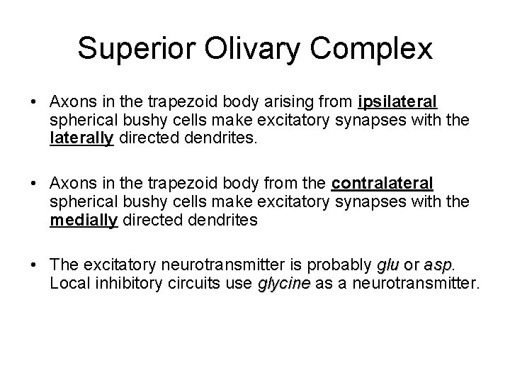 Superior Olivary Complex • Axons in the trapezoid body arising from ipsilateral spherical bushy Superior Olivary Complex • Axons in the trapezoid body arising from ipsilateral spherical bushy