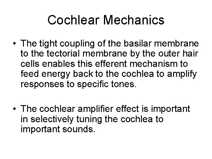 Cochlear Mechanics • The tight coupling of the basilar membrane to the tectorial membrane Cochlear Mechanics • The tight coupling of the basilar membrane to the tectorial membrane
