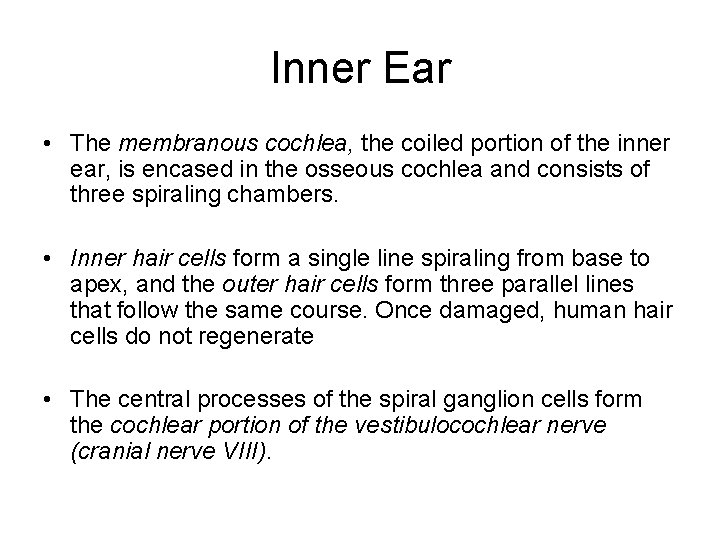 Inner Ear • The membranous cochlea, the coiled portion of the inner ear, is Inner Ear • The membranous cochlea, the coiled portion of the inner ear, is