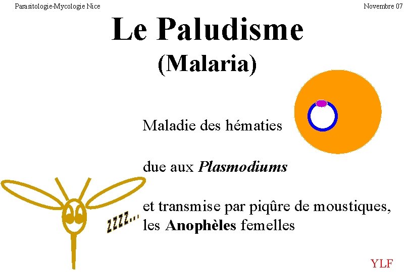 Parasitologie-Mycologie Nice Novembre 07 Le Paludisme (Malaria) Maladie des hématies due aux Plasmodiums et