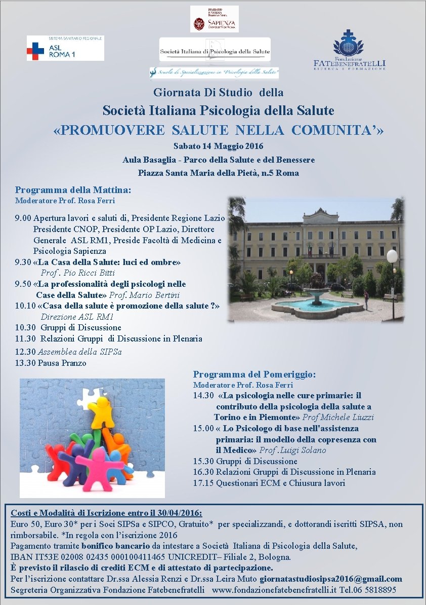 Giornata Di Studio della Società Italiana Psicologia della Salute «PROMUOVERE SALUTE NELLA COMUNITA’» Sabato