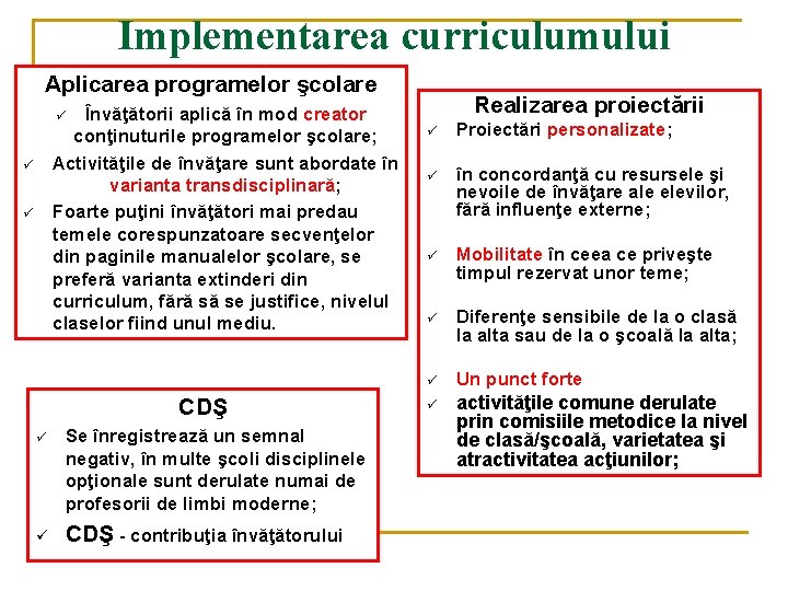 Implementarea curriculumului Aplicarea programelor şcolare Învăţătorii aplică în mod creator conţinuturile programelor şcolare; Activităţile