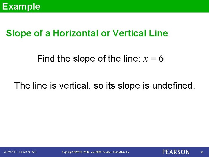 Example Slope of a Horizontal or Vertical Line Find the slope of the line:
