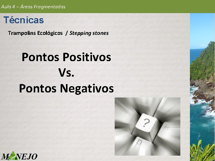 Aula 4 – Áreas Fragmentadas Técnicas Trampolins Ecológicos / Stepping stones Pontos Positivos Vs.