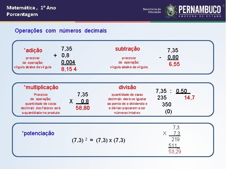 6 Matemática , 1 o Ano Porcentagem Operações com números decimais 7, 35 +