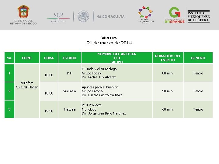 Viernes 21 de marzo de 2014 No. FORO 1 2 3 HORA 10: 00