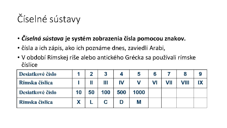 Číselné sústavy • Číselná sústava je systém zobrazenia čísla pomocou znakov. • čísla a