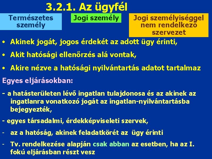 3. 2. 1. Az ügyfél Természetes személy Jogi személyiséggel nem rendelkező szervezet • Akinek