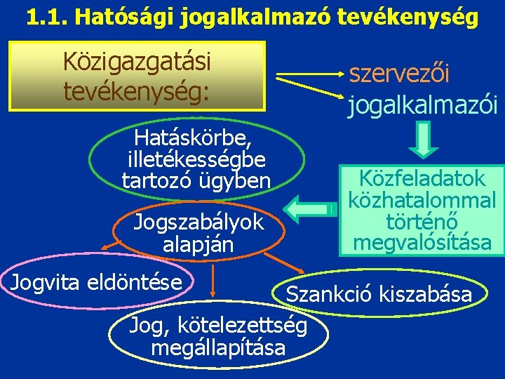 1. 1. Hatósági jogalkalmazó tevékenység Közigazgatási tevékenység: Hatáskörbe, illetékességbe tartozó ügyben Jogszabályok alapján Jogvita