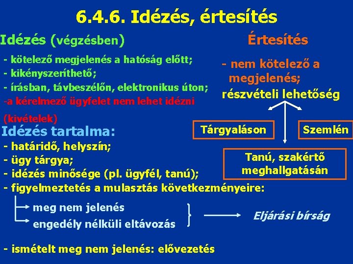6. 4. 6. Idézés, értesítés Idézés (végzésben) Értesítés - kötelező megjelenés a hatóság előtt;