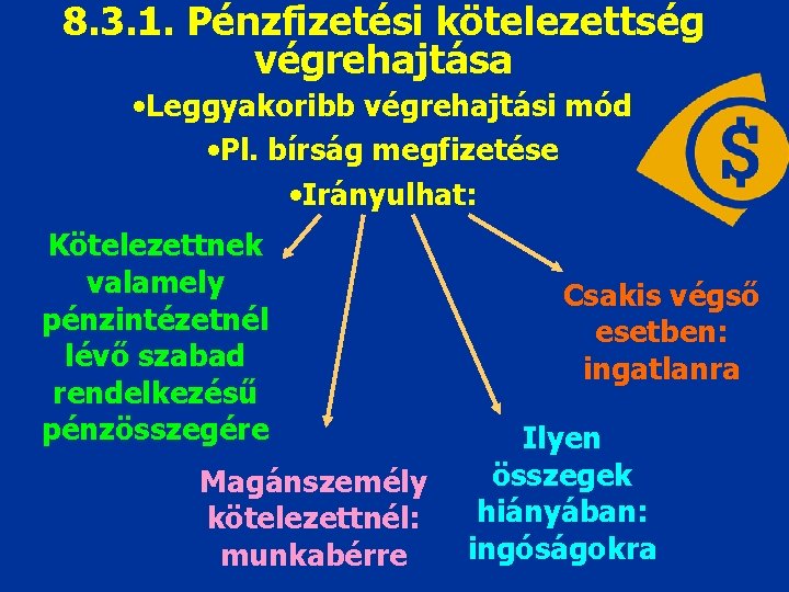 8. 3. 1. Pénzfizetési kötelezettség végrehajtása • Leggyakoribb végrehajtási mód • Pl. bírság megfizetése