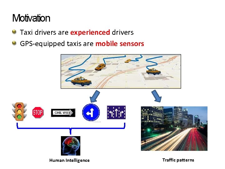 Motivation Taxi drivers are experienced drivers GPS-equipped taxis are mobile sensors Human Intelligence Traffic Motivation Taxi drivers are experienced drivers GPS-equipped taxis are mobile sensors Human Intelligence Traffic