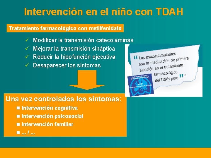 Intervención en el niño con TDAH Tratamiento farmacológico con metilfenidato ü ü Modificar la