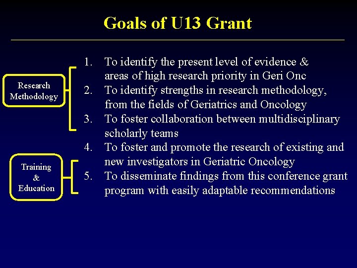 Goals of U 13 Grant Research Methodology Training & Education 1. To identify the