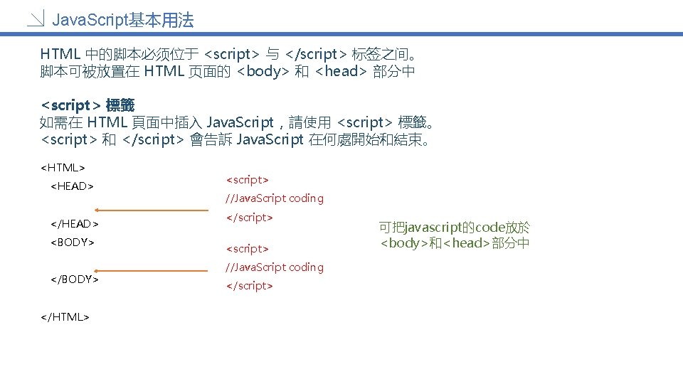 Java. Script基本用法 HTML 中的脚本必须位于 <script> 与 </script> 标签之间。 脚本可被放置在 HTML 页面的 <body> 和 <head>