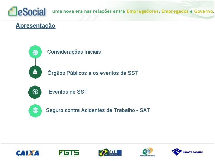 uma nova era nas relações entre Empregadores, Empregados e Governo. Apresentação Considerações Iniciais Órgãos