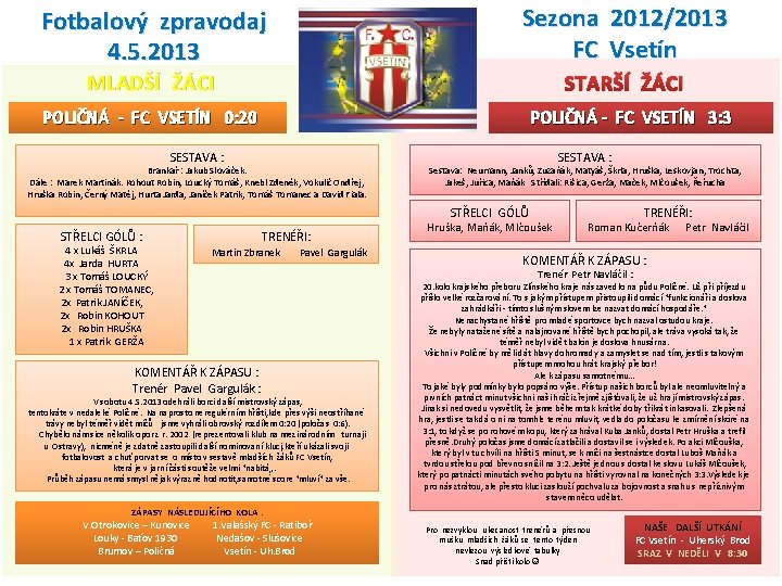Fotbalový zpravodaj 4. 5. 2013 Sezona 2012/2013 FC Vsetín MLADŠÍ ŽÁCI STARŠÍ ŽÁCI POLIČNÁ