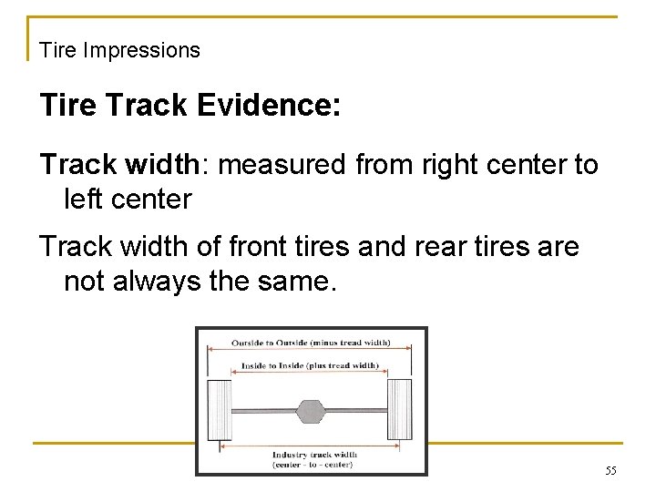 Tire Impressions Tire Track Evidence: Track width: measured from right center to left center