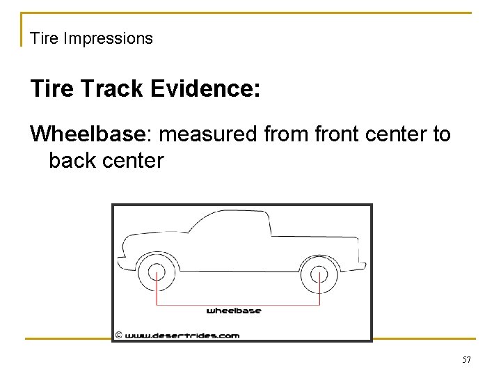 Tire Impressions Tire Track Evidence: Wheelbase: measured from front center to back center 57