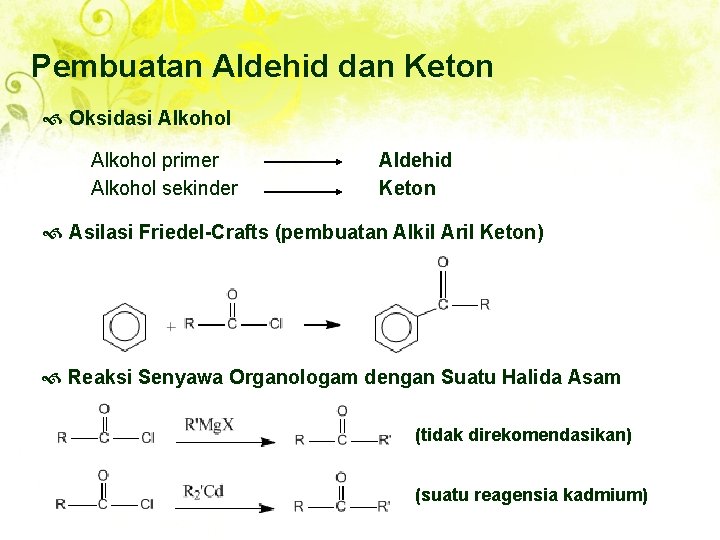 Pembuatan Aldehid dan Keton Oksidasi Alkohol primer Alkohol sekinder Aldehid Keton Asilasi Friedel-Crafts (pembuatan