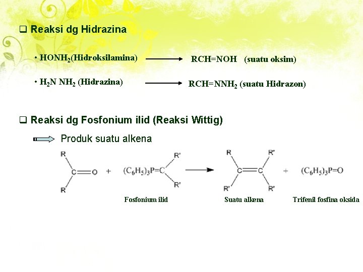 q Reaksi dg Hidrazina • HONH 2(Hidroksilamina) RCH=NOH (suatu oksim) • H 2 N