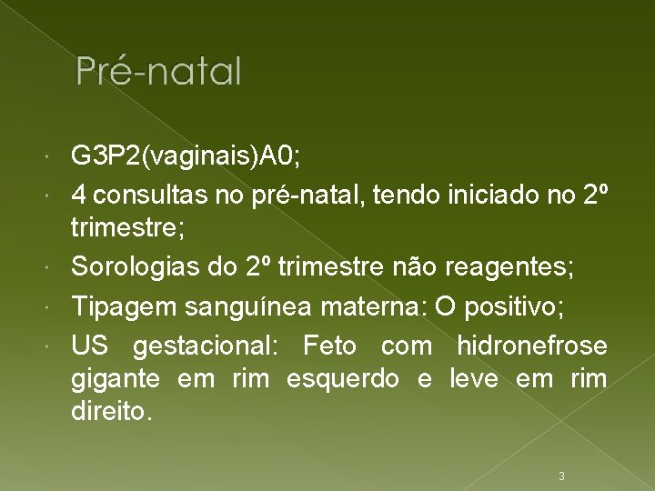  G 3 P 2(vaginais)A 0; 4 consultas no pré-natal, tendo iniciado no 2º