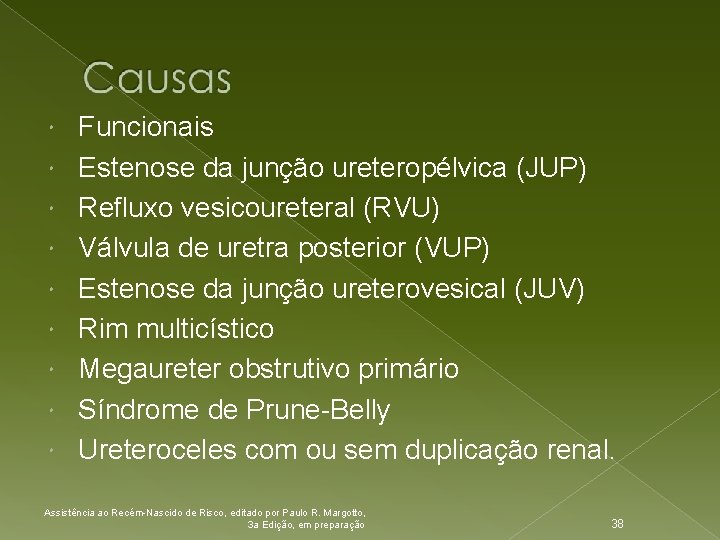  Funcionais Estenose da junção ureteropélvica (JUP) Refluxo vesicoureteral (RVU) Válvula de uretra posterior
