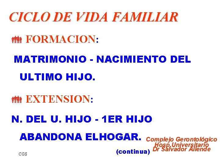 CICLO DE VIDA FAMILIAR FORMACION: MATRIMONIO - NACIMIENTO DEL ULTIMO HIJO. EXTENSION: N. DEL