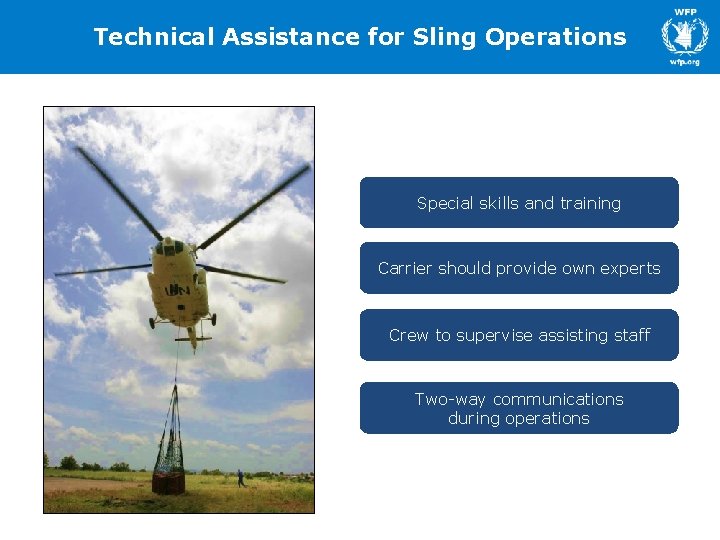 Technical Assistance for Sling Operations Special skills and training Carrier should provide own experts Technical Assistance for Sling Operations Special skills and training Carrier should provide own experts