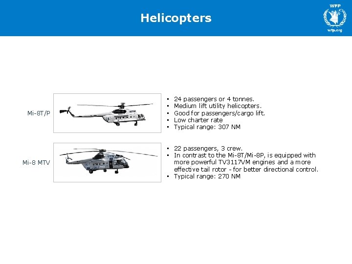 Helicopters Mi-8 T/P Mi-8 MTV • • • 24 passengers or 4 tonnes. Medium