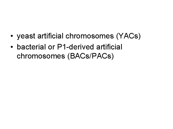 • yeast artificial chromosomes (YACs) • bacterial or P 1 -derived artificial chromosomes • yeast artificial chromosomes (YACs) • bacterial or P 1 -derived artificial chromosomes