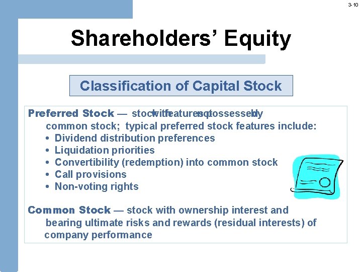 3 -10 Shareholders’ Equity Classification of Capital Stock Preferred Stock — stock with features