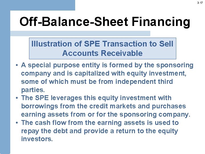 3 -17 Off-Balance-Sheet Financing Illustration of SPE Transaction to Sell Accounts Receivable • A