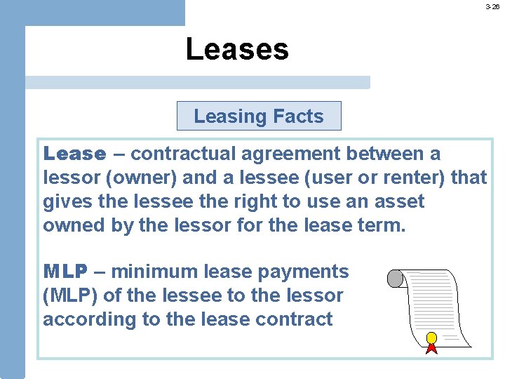 3 -26 Leases Leasing Facts Lease – contractual agreement between a lessor (owner) and