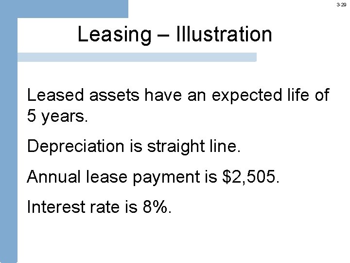 3 -29 Leasing – Illustration Leased assets have an expected life of 5 years.