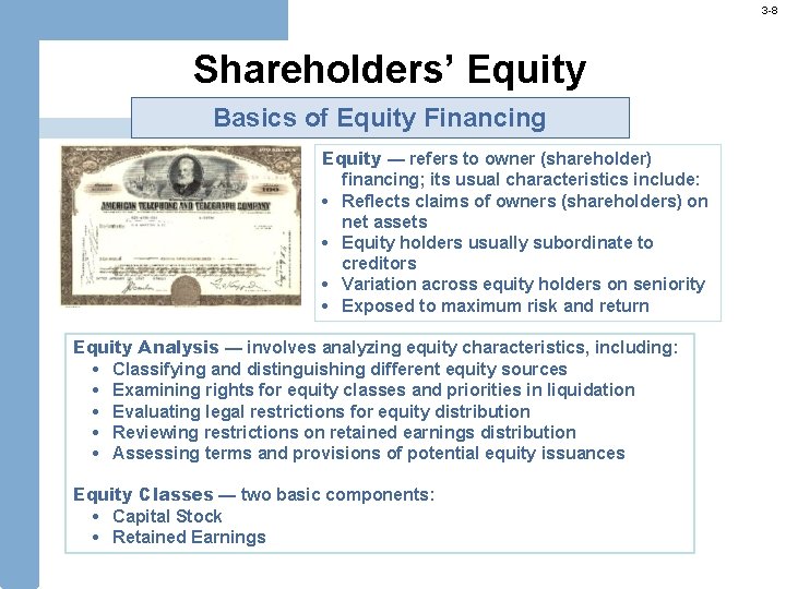 3 -8 Shareholders’ Equity Basics of Equity Financing Equity — refers to owner (shareholder)
