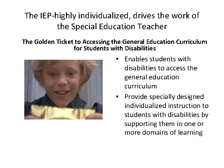 The IEP-highly individualized, drives the work of the Special Education Teacher The Golden Ticket The IEP-highly individualized, drives the work of the Special Education Teacher The Golden Ticket