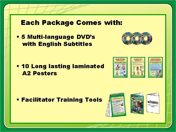 Each Package Comes with: • 5 Multi-language DVD’s with English Subtitles • 10 Long