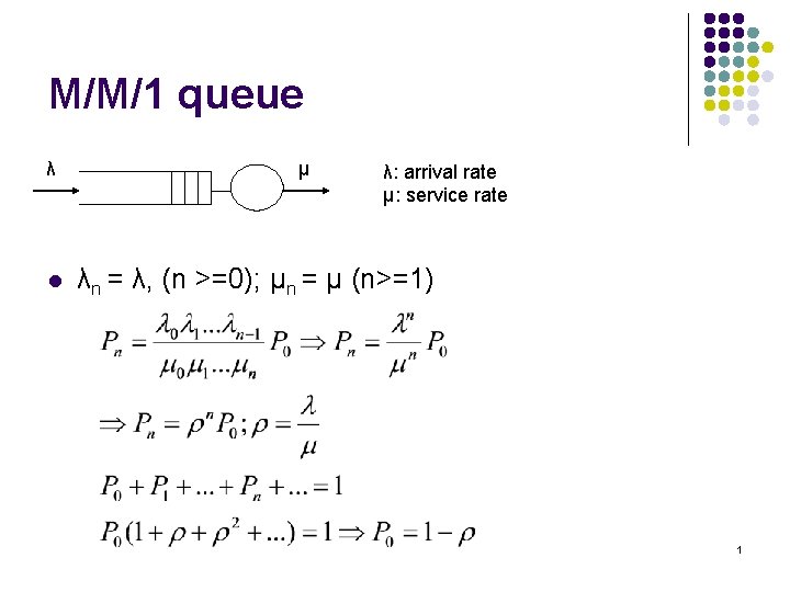 M/M/1 queue λ l μ λ: arrival rate μ: service rate λn = λ,