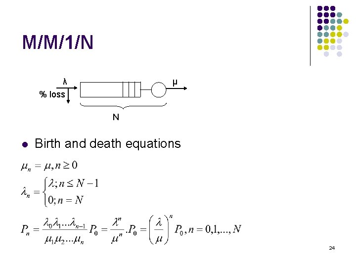 M/M/1/N λ % loss μ N l Birth and death equations 24 