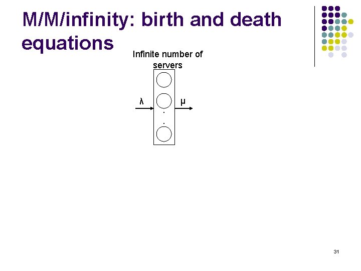 M/M/infinity: birth and death equations Infinite number of servers λ . . μ 31