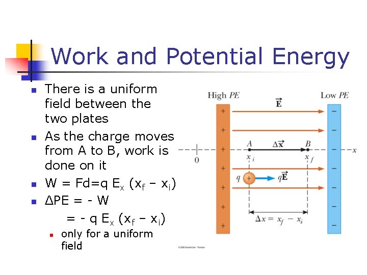 Work and Potential Energy n n There is a uniform field between the two