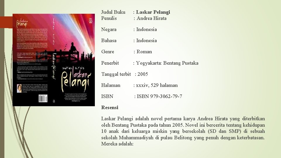 Judul Buku : Laskar Pelangi Penulis : Andrea Hirata Negara : Indonesia Bahasa :