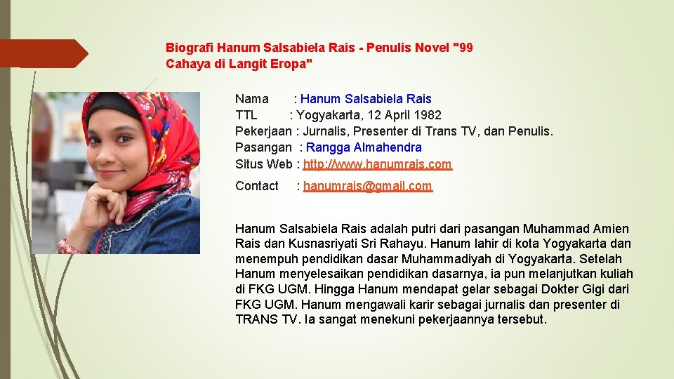 Biografi Hanum Salsabiela Rais - Penulis Novel "99 Cahaya di Langit Eropa" Nama :