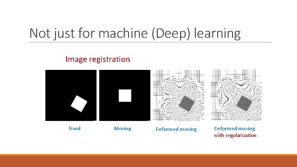 Not just for machine (Deep) learning Image registration Fixed Moving Deformed moving with regularization