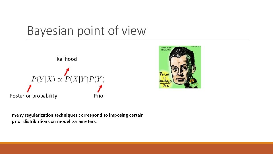 Bayesian point of view likelihood Posterior probability Prior many regularization techniques correspond to imposing