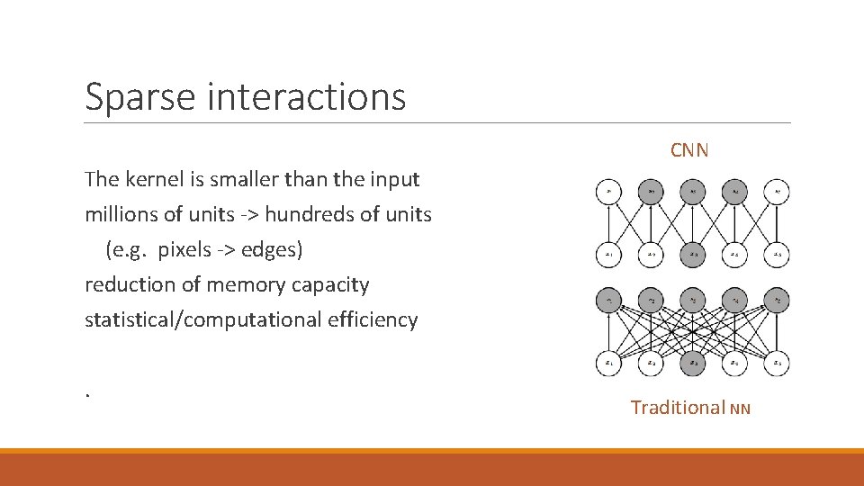 Sparse interactions CNN The kernel is smaller than the input millions of units ->