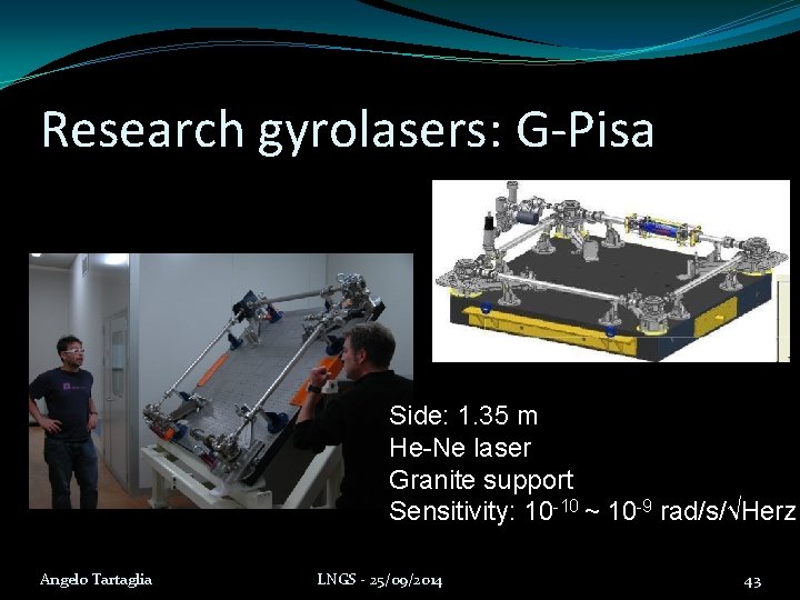 Research gyrolasers: G-Pisa Side: 1. 35 m He-Ne laser Granite support Sensitivity: 10 -10