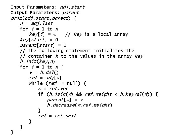 Input Parameters: adj, start Output Parameters: parent prim(adj, start, parent) { n = adj.