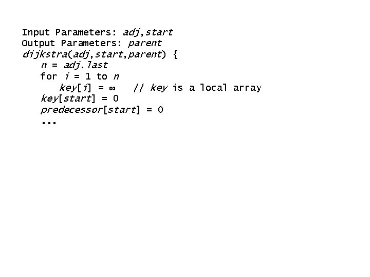 Input Parameters: adj, start Output Parameters: parent dijkstra(adj, start, parent) { n = adj.